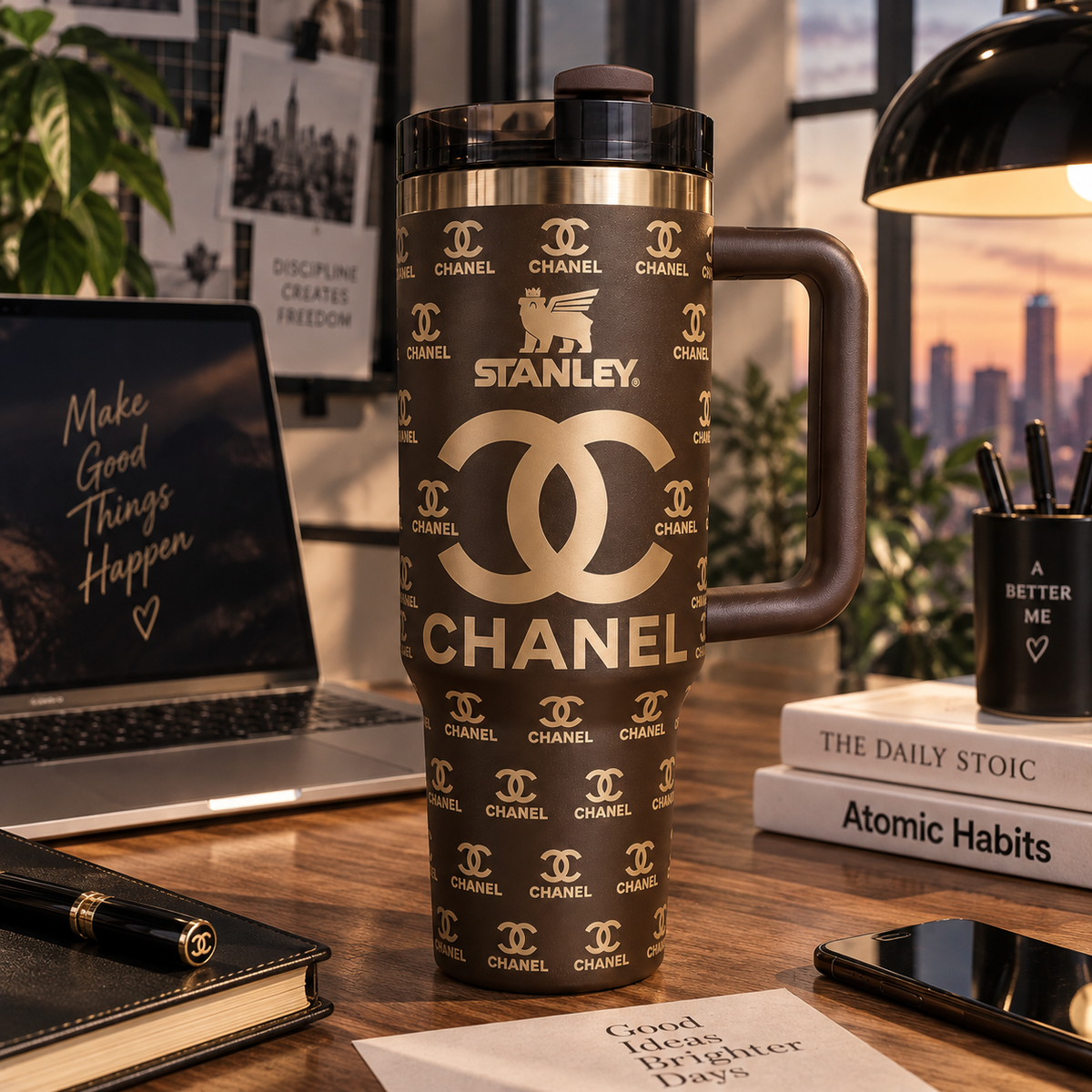 A dark brown Stanley travel mug with a gold Chanel logo pattern, set on a wooden desk surrounded by lifestyle props like a laptop, books, and a lamp.