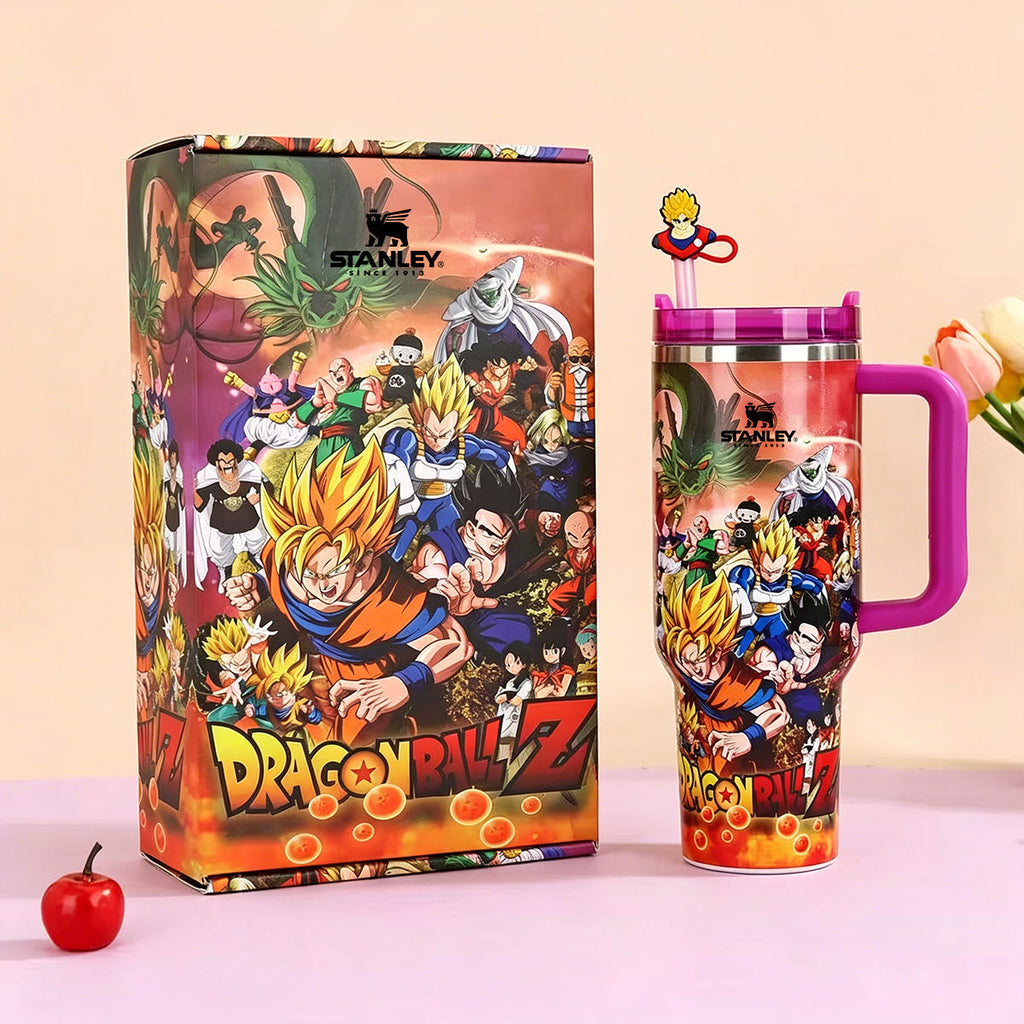 Dragon Ball Z-themed Stanley mug with colorful design on a light pink background