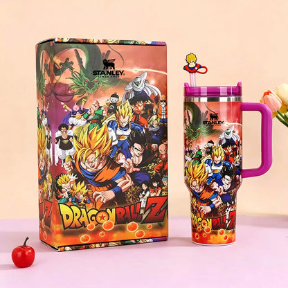 Dragon Ball Z-themed Stanley mug with colorful design on a light pink background