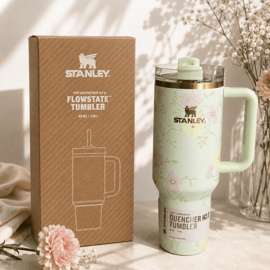 A Stanley Quenchler H20 travel tumbler in a pale mint green floral print stands next to its brown cardboard packaging box on a sunlit tabletop. The tumbler has a light green handle and lid, with a gold band near the lid.