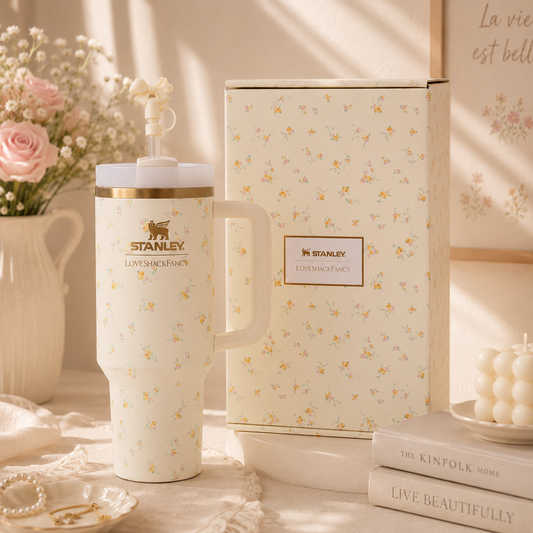 A Stanley insulated travel mug with a handle, lid, and straw, shown beside its matching decorative box. The mug and box are cream with a small yellow floral print and gold branding.