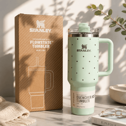 A Stanley insulated tumbler in pale mint green with black polka dots and a stainless steel lid, standing beside its brown branded retail box on a styled tabletop with soft shadows and decorative props.