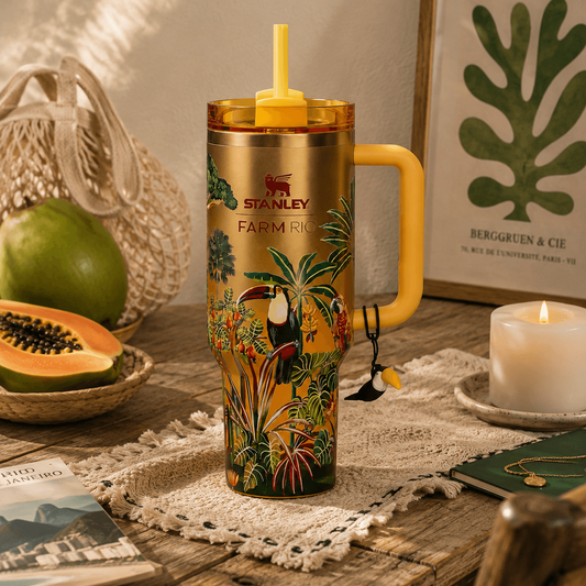 A Stanley insulated tumbler with a yellow handle and lid, decorated with tropical toucan and palm tree artwork, set on a rustic wooden table with a candle, fruit, and framed wall art in the background.