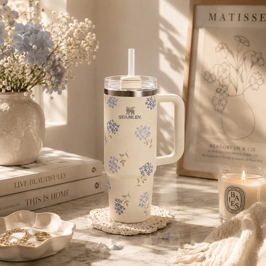 A cream-colored insulated tumbler with a floral pattern in blue and green, featuring the STANLEY logo, sits on a marble surface in a beautifully styled room setting with a candle, books, and dried flowers.