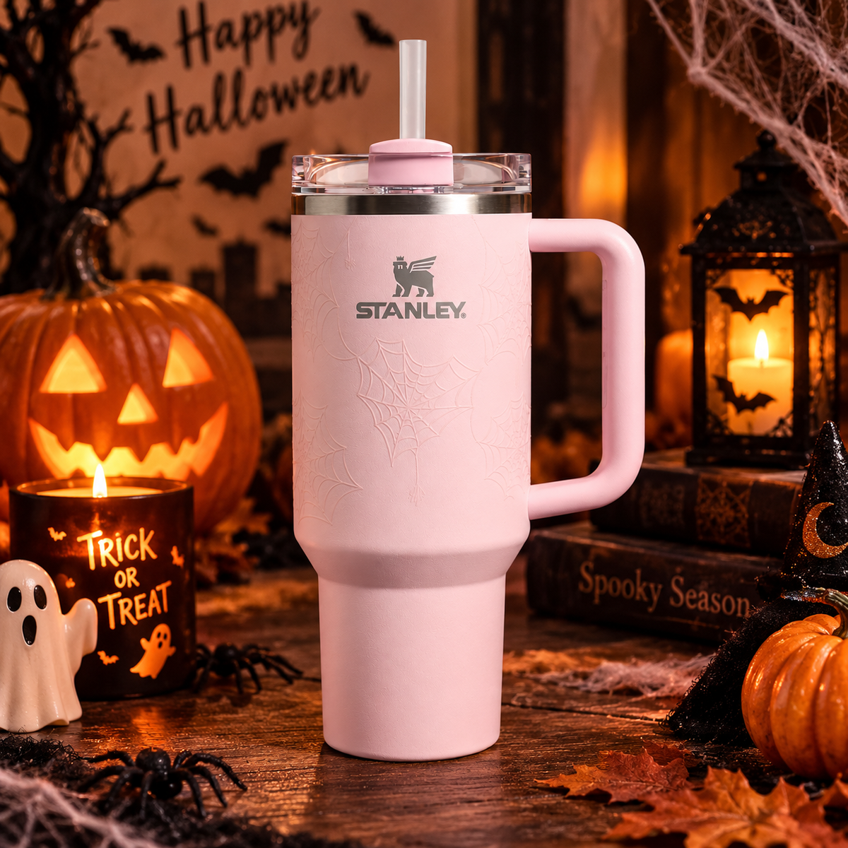 A light pink Stanley tumbler with a handle, clear lid, and straw, styled on a wooden table with Halloween decorations including a pumpkin, candle, spider, and books.