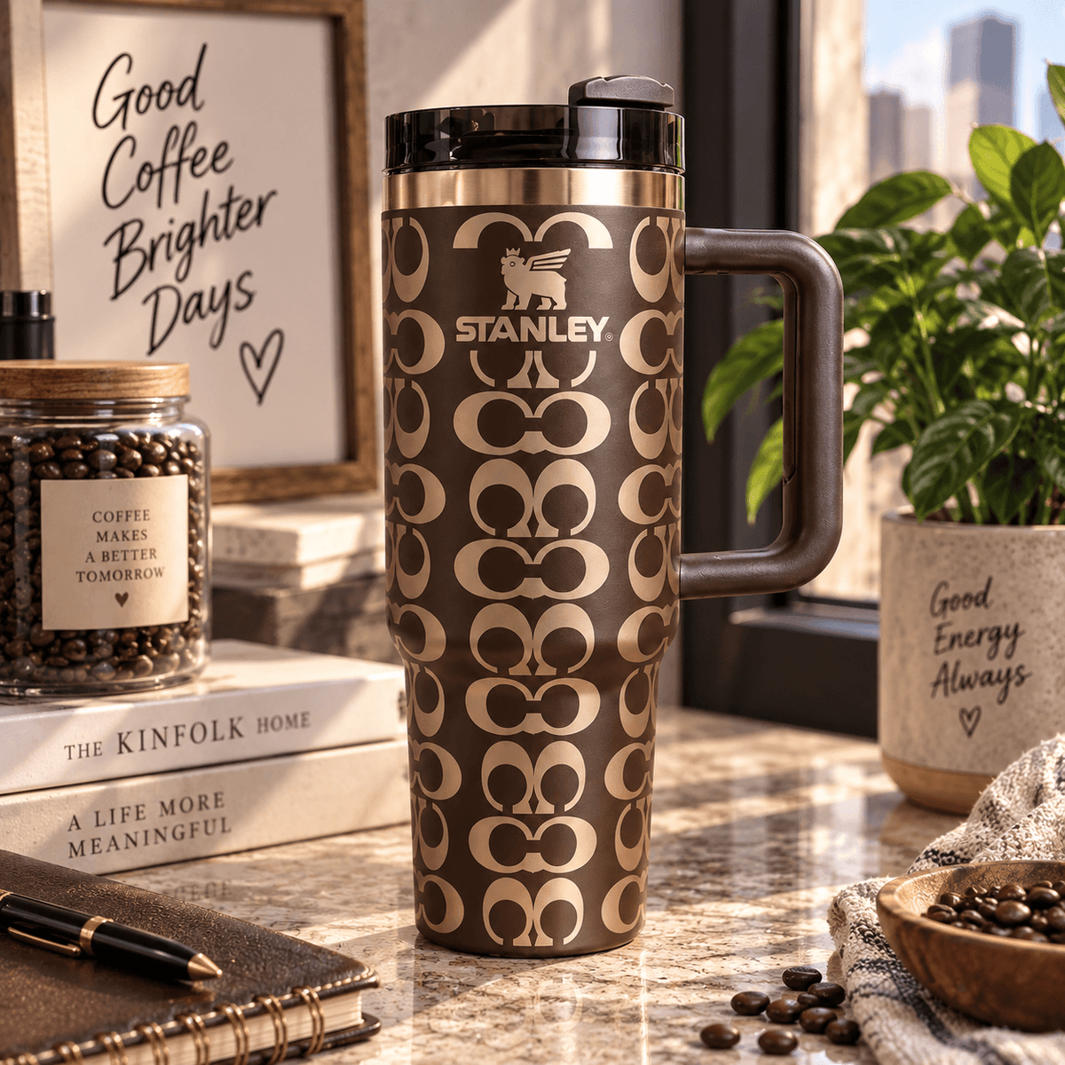 A Stanley travel mug with a dark brown and beige geometric pattern, set on a marble countertop with coffee beans, a notebook, and a potted plant in a bright kitchen setting.