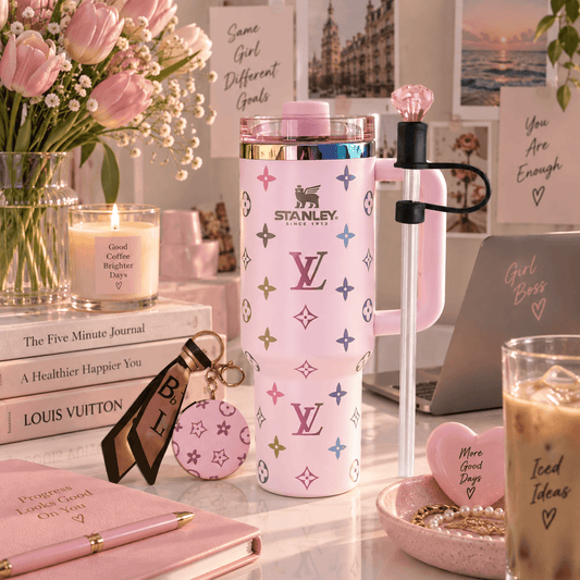 A pink Stanley travel tumbler with a monogram pattern, shown on a styled desk with flowers, books, a laptop, and accessories.