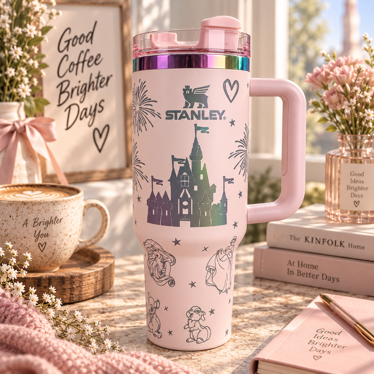 A pink Stanley tumbler with a handle and lid, decorated with a castle and fairy illustrations, set on a tabletop surrounded by cozy coffee-themed props and books.