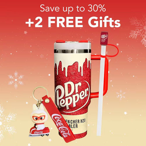 Dr Pepper tumbler with keychain and straw on a festive background with promotional text.