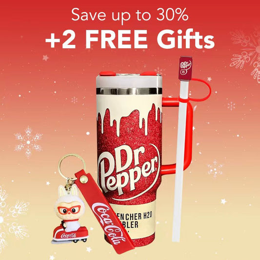 Dr Pepper tumbler with keychain and straw on a festive background with promotional text.
