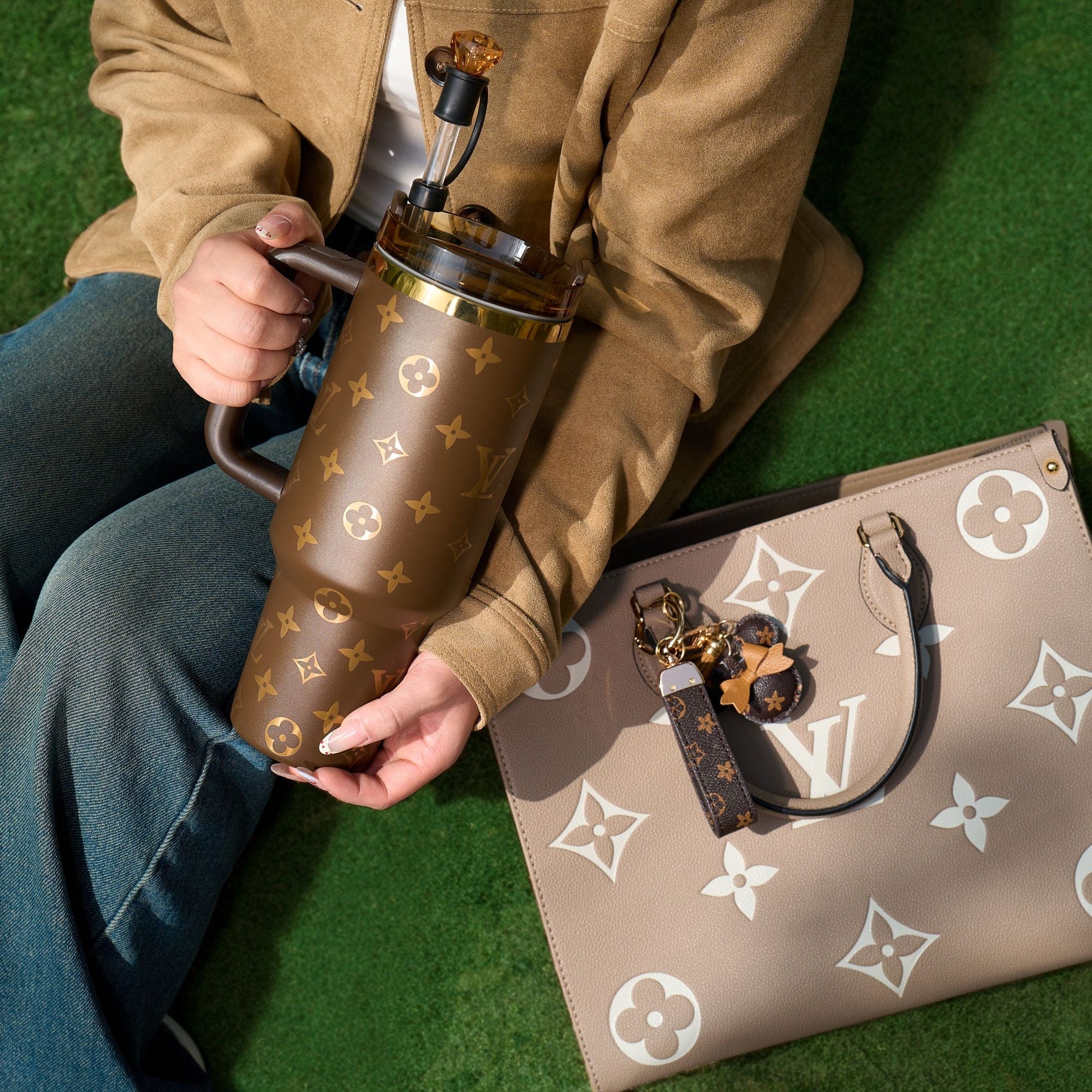 Person holding a brown patterned thermos with a matching handbag on a green surface