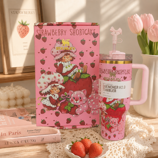 Pink 'Strawberry Shortcake' themed tumbler and packaging on a table with books and flowers.