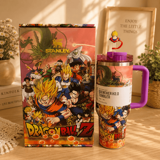 Stanley Dragon Ball Z tumbler with packaging on a wooden surface.