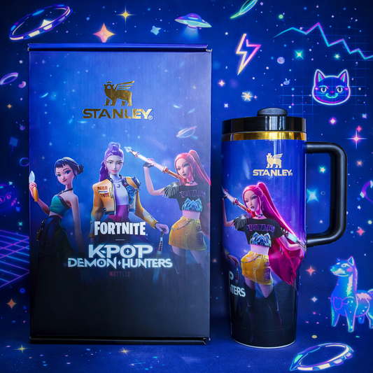 Stanley mug and box featuring Fortnite KPop Demon Hunters design on a colorful background
