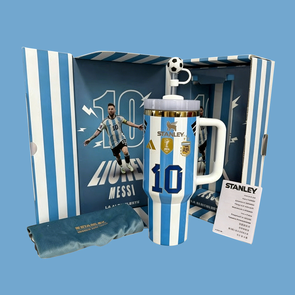 Stanley mug with Messi design in a branded box on a blue background
