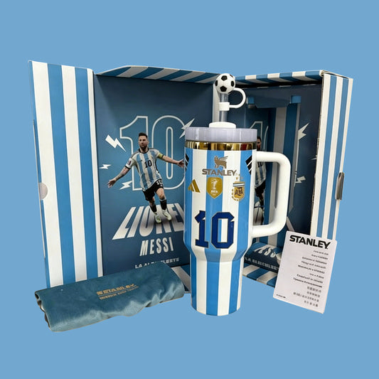 Stanley mug with Messi design in a branded box on a blue background