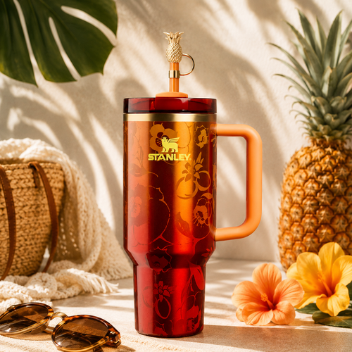 Stanley mug with a pineapple-shaped spout on a tropical-themed setting with flowers and a pineapple.