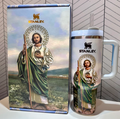 Stanley mug with religious figure design on packaging