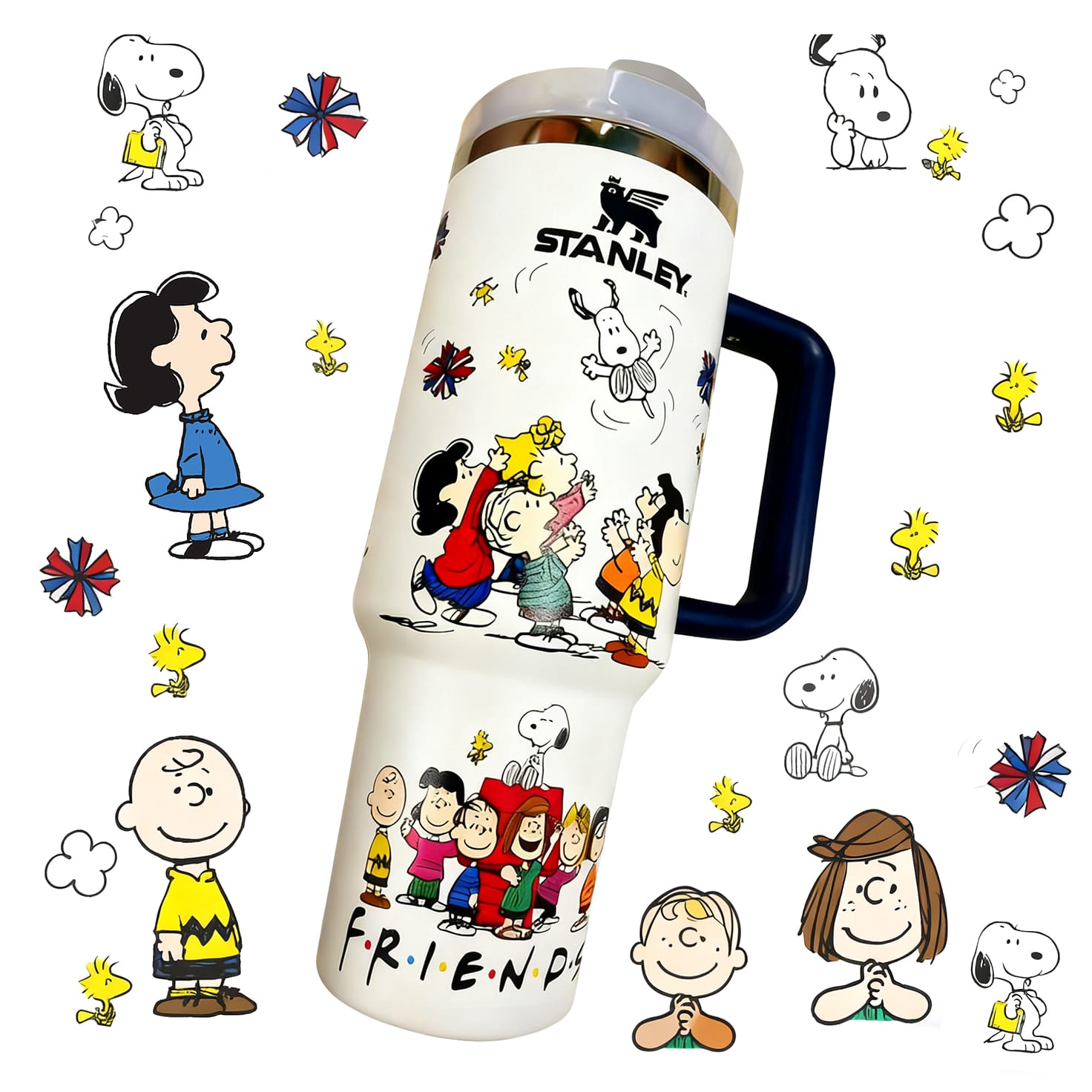 Stanley tumbler with Peanuts character design on a white background