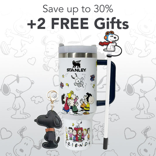 Stanley tumbler with Peanuts character design on a white background with cartoon characters.