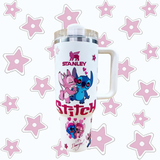 Stanley tumbler with Stitch design on a white background with pink stars