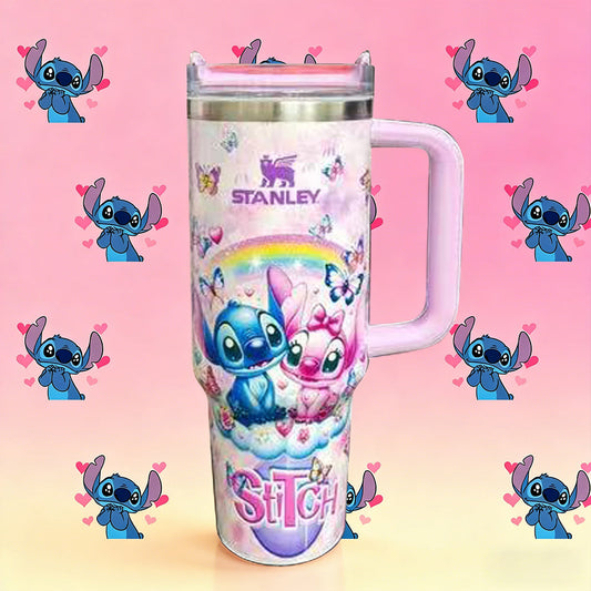 Stanley tumbler with cartoon character design on a pink background