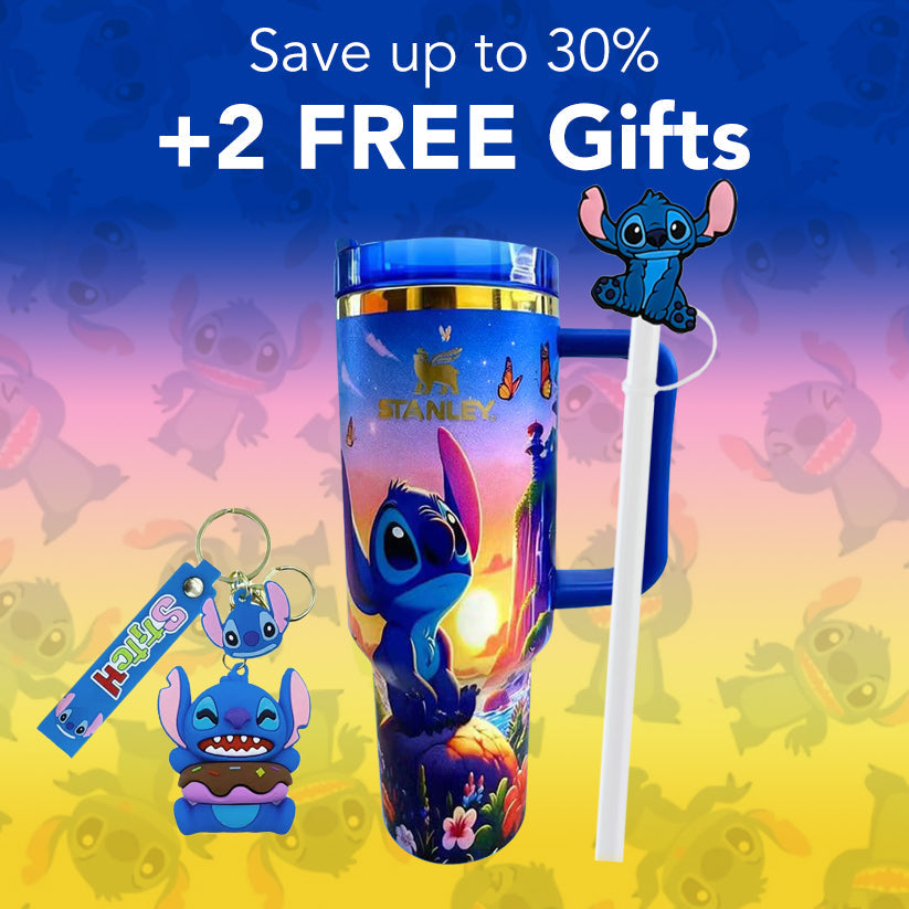 Stanley tumbler with cartoon character, keychain, and straw on a colorful background with promotional text.