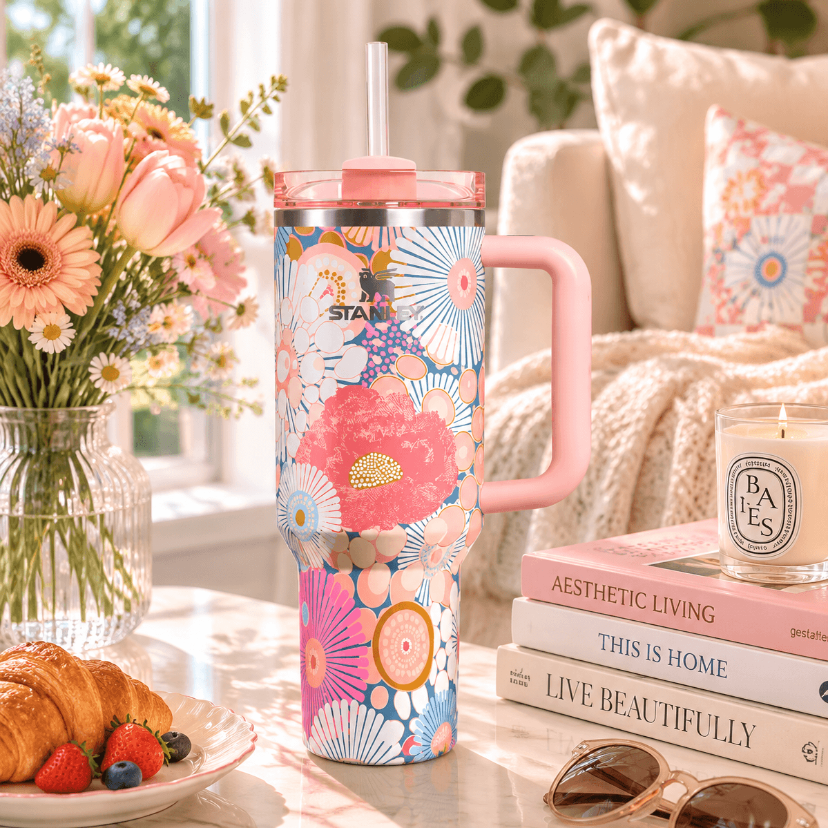 A tall handled tumbler with a pink lid and straw, decorated in a colorful floral and fan pattern, set on a table in a bright, styled room with flowers, croissants, books, and sunglasses.